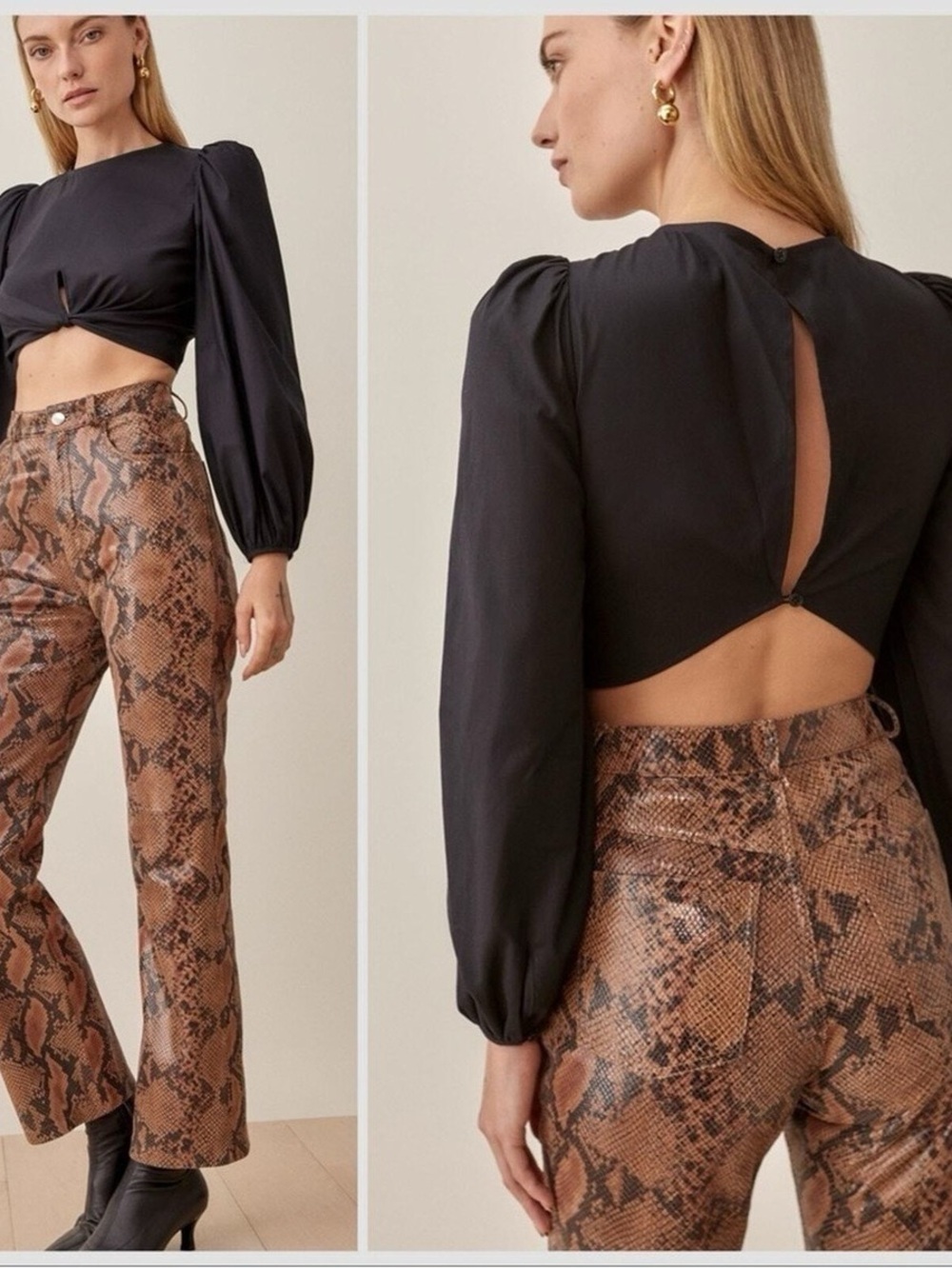 Reformation Derek Black Twist-Front Long Sleeve Crop Top